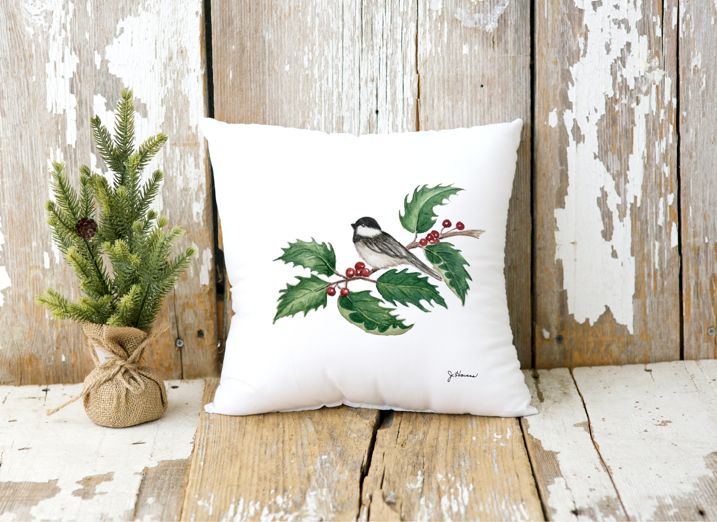 Chickadee Holly Branch Holiday Pillow