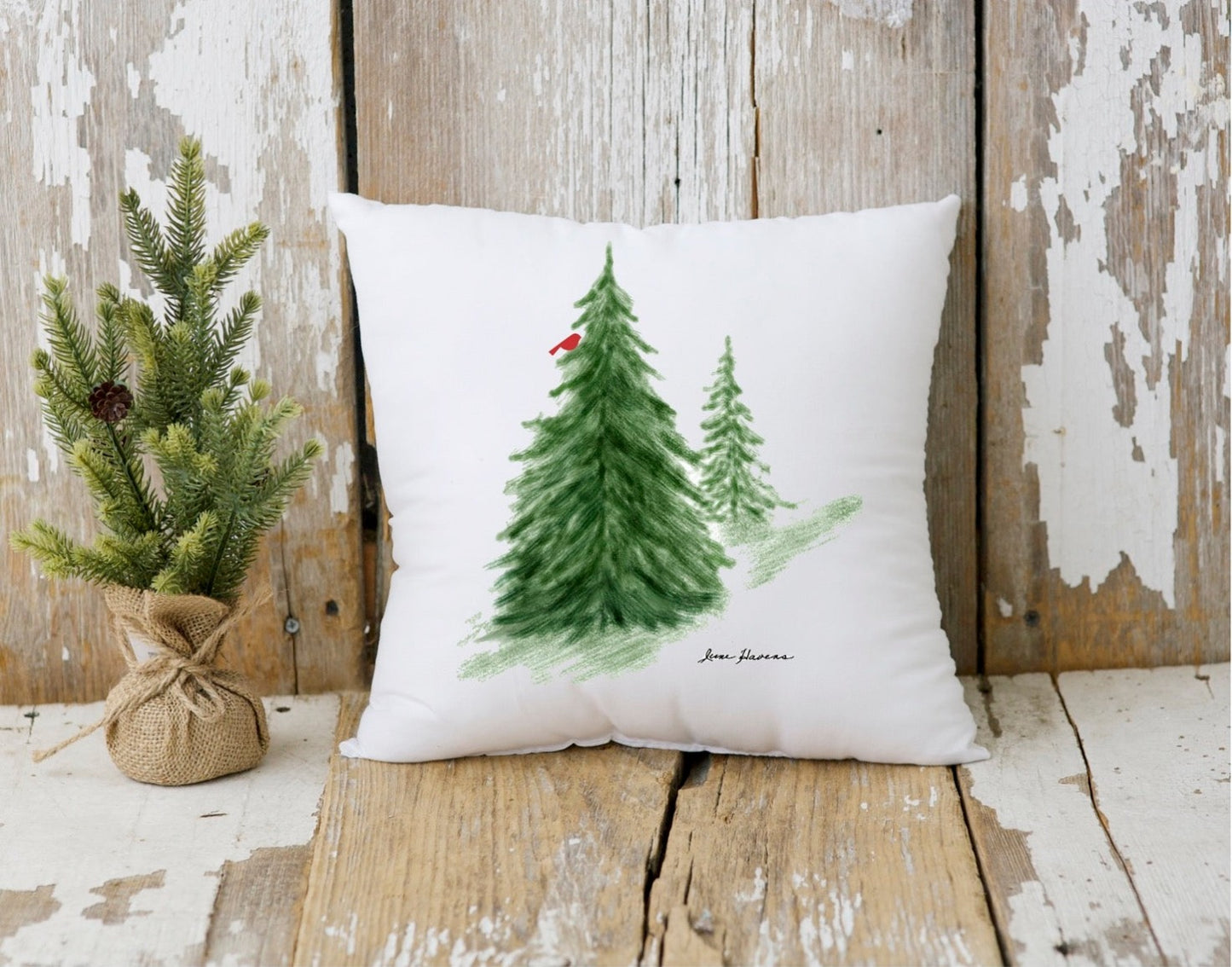 Evergreen Tree with Cardinal Holiday Pillow