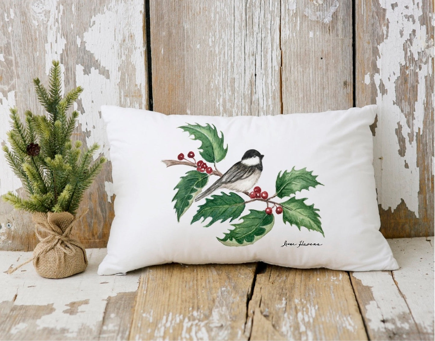 Chickadee Holly Branch Holiday Pillow